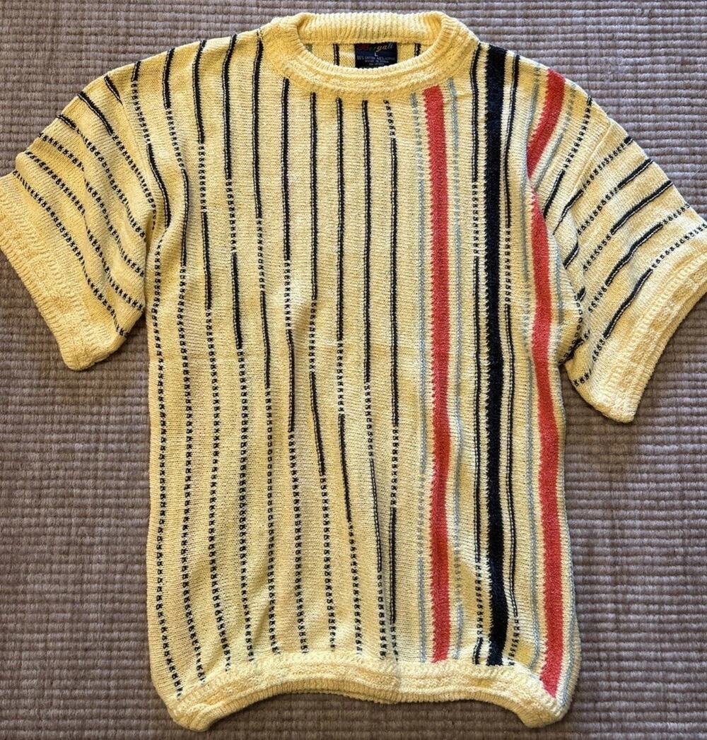 Vtg Bergati Men’s Sweater Coogi Style Yellow Colorful 3D Textured Knit Sz Large